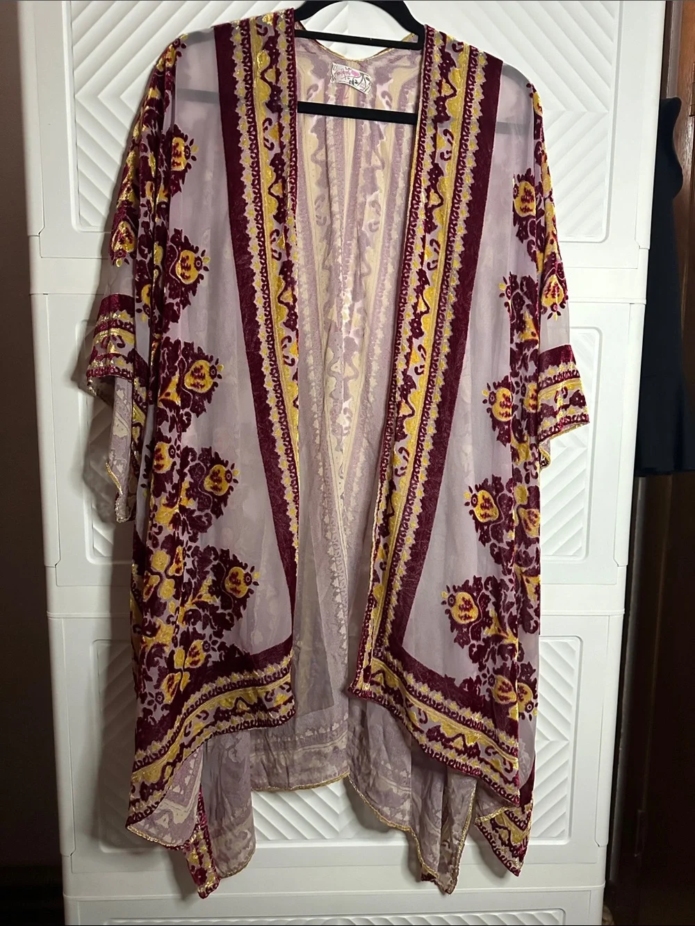 Free People Sheer Mauve Kimono with Burgundy and Yellow Floral Velvet